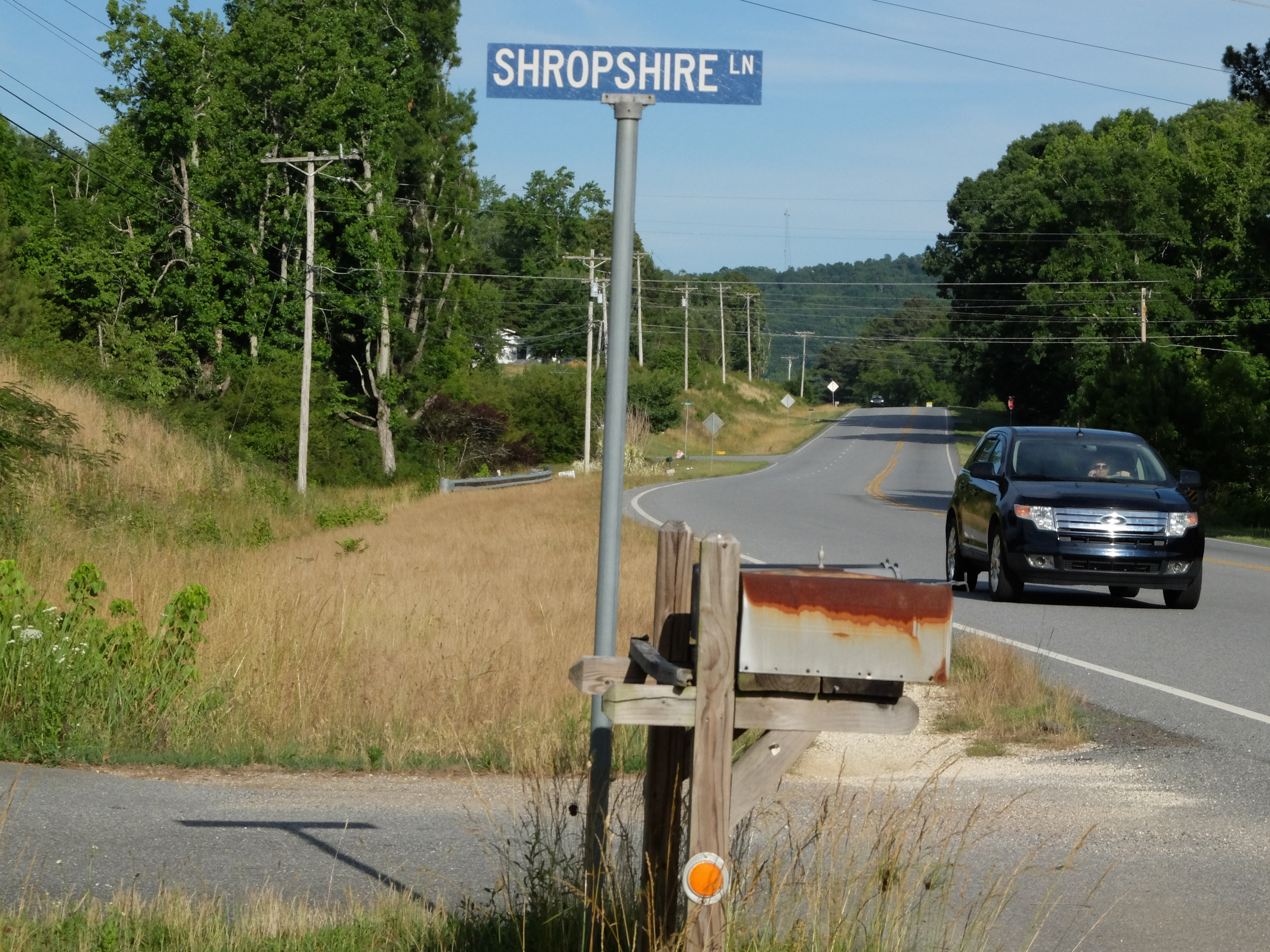 Just off Highway 136 in LaFayette, the Shropshire Lane sign marks a point of interest in the 2014 murder involving two distant cousins.