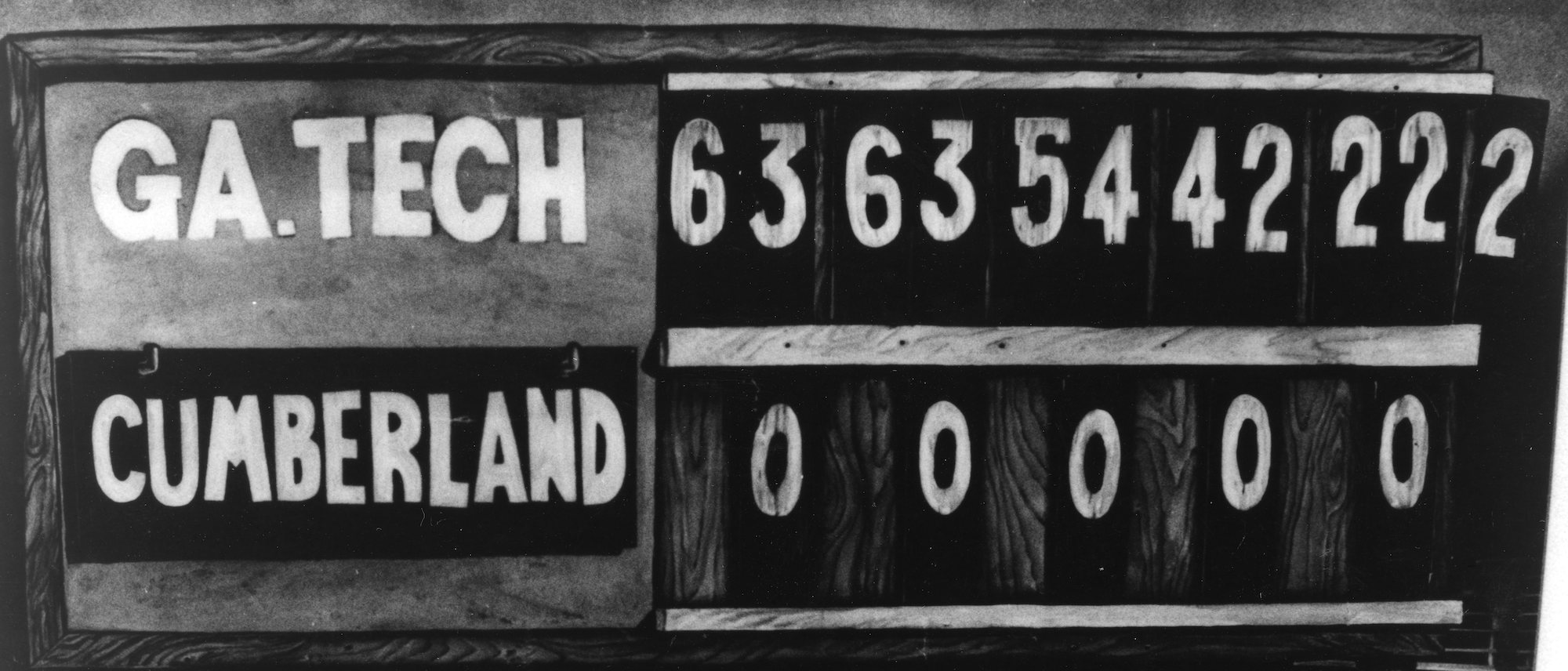 The scoreboard from Grant Field 100 years ago reflects Georgia Tech's complete domination of Cumberland. The Yellow Jackets did not score as often in the second half, when the quarters were shortened from 15 to 12 minutes.