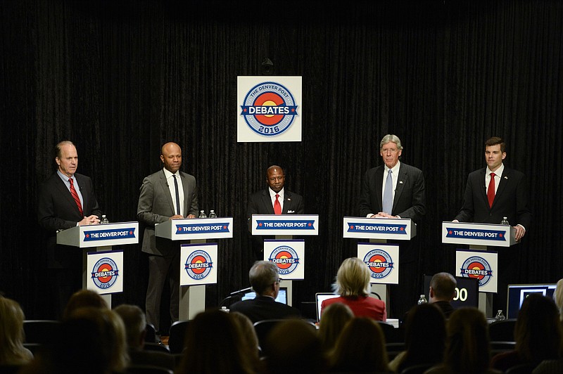 
              FILE - In this May 17, 2016, file photo,, Colorado U.S. Senate candidates, from left, Robert Blaha, Ryan Frazier, Darryl Glenn, Jack Graham and Jon Keyser, participate in a Republican Senate debate hosted by The Denver Post in Denver.  Not so long ago, Colorado’s Republican Party relished the chance to unseat Democratic U.S. Sen. Michael Bennet in this presidential swing state. Now it’s presiding over a five-way primary Tuesday, June 28 among non-front-line candidates who are fighting to make themselves known to the Colorado electorate. (John Leyba/The Denver Post via AP, File)
            