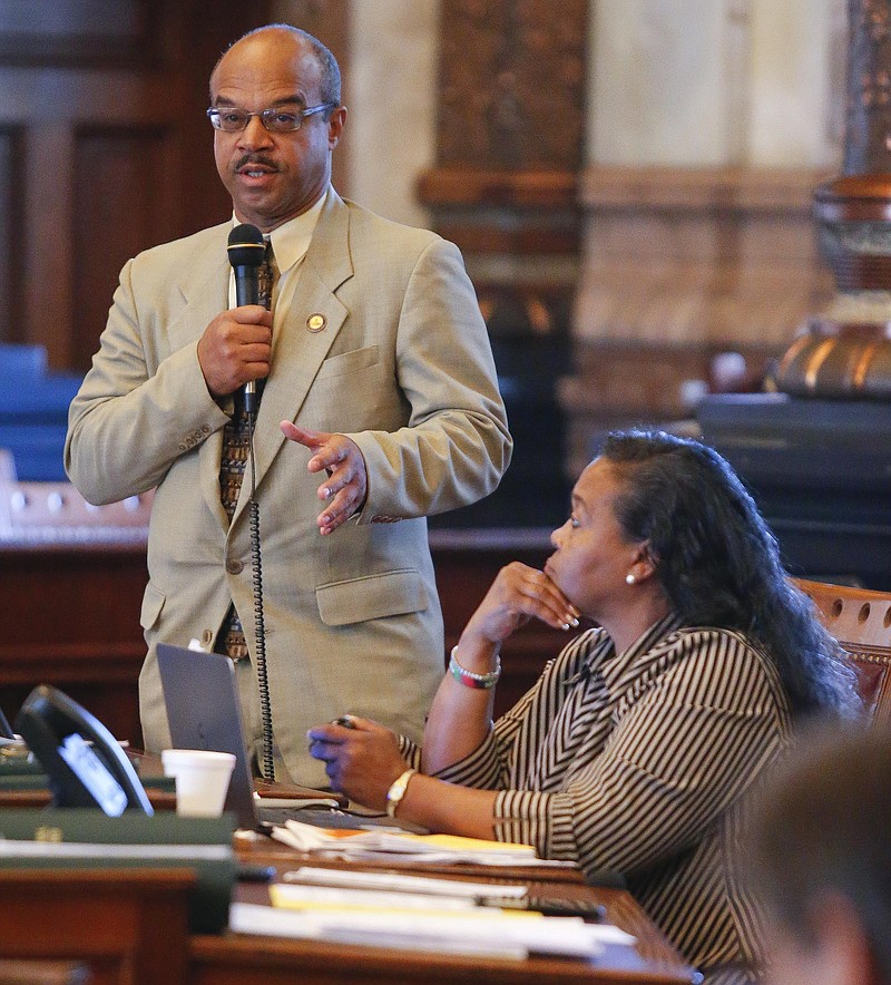 
              State Sen. David Haley, D-Kansas City, discuses a proposed constitutional amendment that would prevent the closure of public schools by the state's judicial or legislative branches on Friday, June 24, 2016, in Topeka, Kan.  (Chris Neal/The Topeka Capital-Journal via AP) MANDATORY CREDIT
            