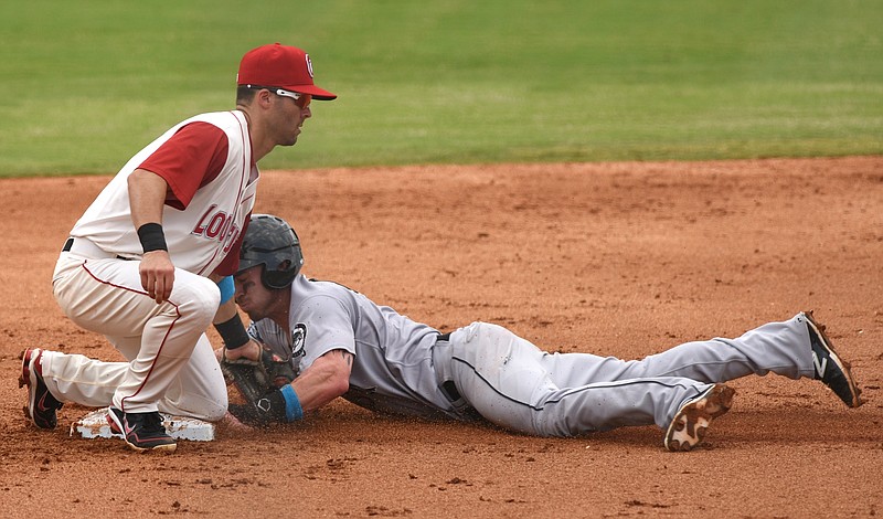 Chattanooga Lookouts second baseman Levi Michael tags the Jackson Generals' Brock Hebert Sunday, June 26, 2016 at AT&T Field.