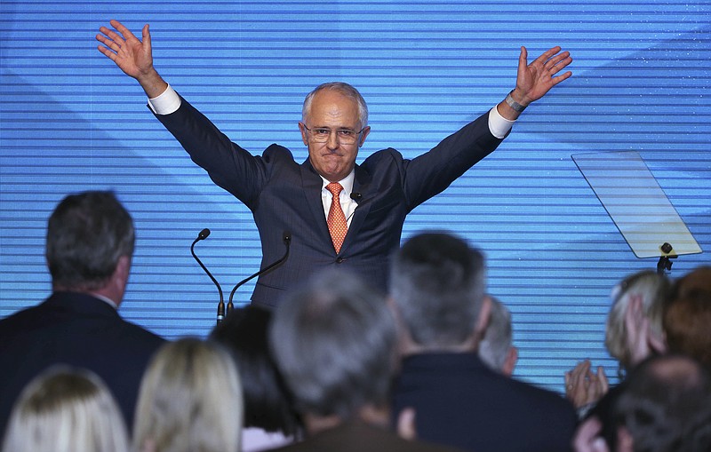 
              Australian Prime Minister Malcolm Turnbull waves after speaking during his Liberal Party election campaign launch in Sydney, Sunday, June 26, 2016. A national election will be held July 2. Turnbull used his official campaign launch to warn against a change of government during the economic fallout from Britain's decision to leave the European Union. (AP Photo/Rick Rycroft)
            