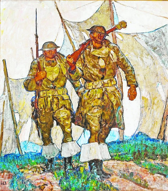 "Coming Off Duty (Camouflage)" by Harvey Dunn (1884-1952), 1929. Cover illustration for The American Legion Monthly, January 1930. Oil on canvas. The Kelly Collection of American Illustration Art.