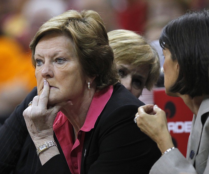Tennessee women's basketball coach Pat Summitt gives one of her patented icy stares during an NCAA tournament regional final in 2012.