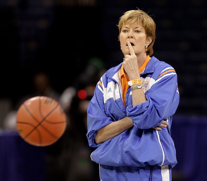 In this March 18, 2006, file photo, Tennessee basketball head coach Pat Summitt watches her team as she runs them through their paces during practice at the Ted Constant Convention Center in Norfolk, Va.  (AP Photo/Stephan Savoia, File)