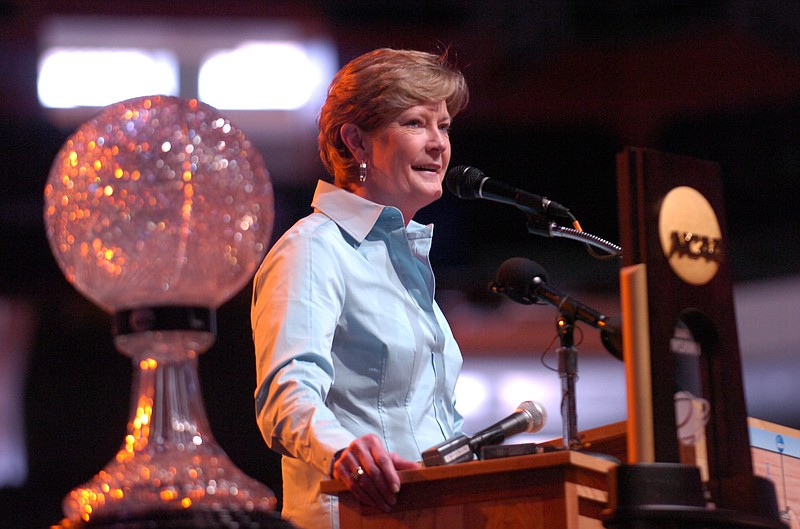 UT head basketball coach Pat Summitt addresses fans during a celebration for the 2008 NCAA National Champion Tennessee Lady Vols basketball team at Thompson Boling Arena on Wednesday evening. Tennessee defeated Stanford to claim their eighth national title.