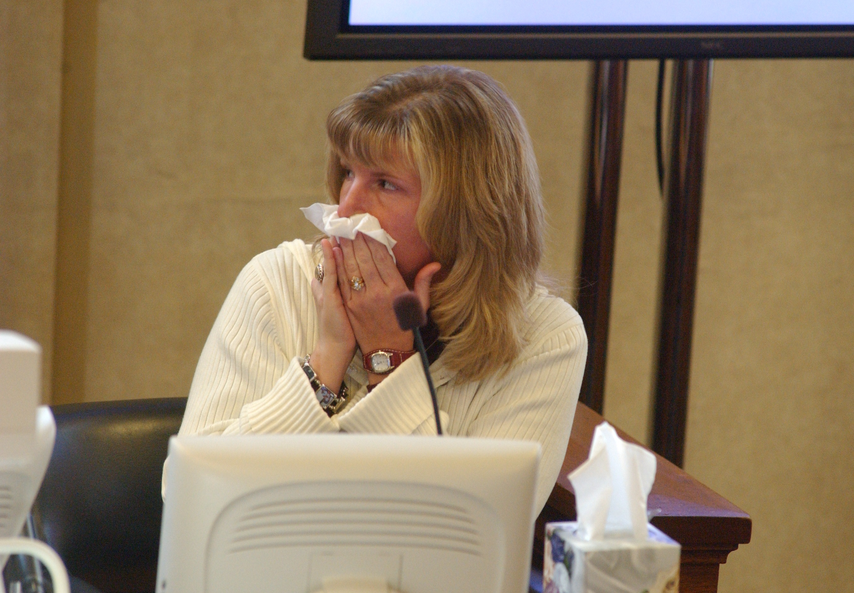 Natasha Mann takes a moment to compose herself during her testimony at former Tri-State Crematory operator Brent Marsh's sentencing hearing in LaFayette Monday. Ms. Mann's father was sent to the crematory.