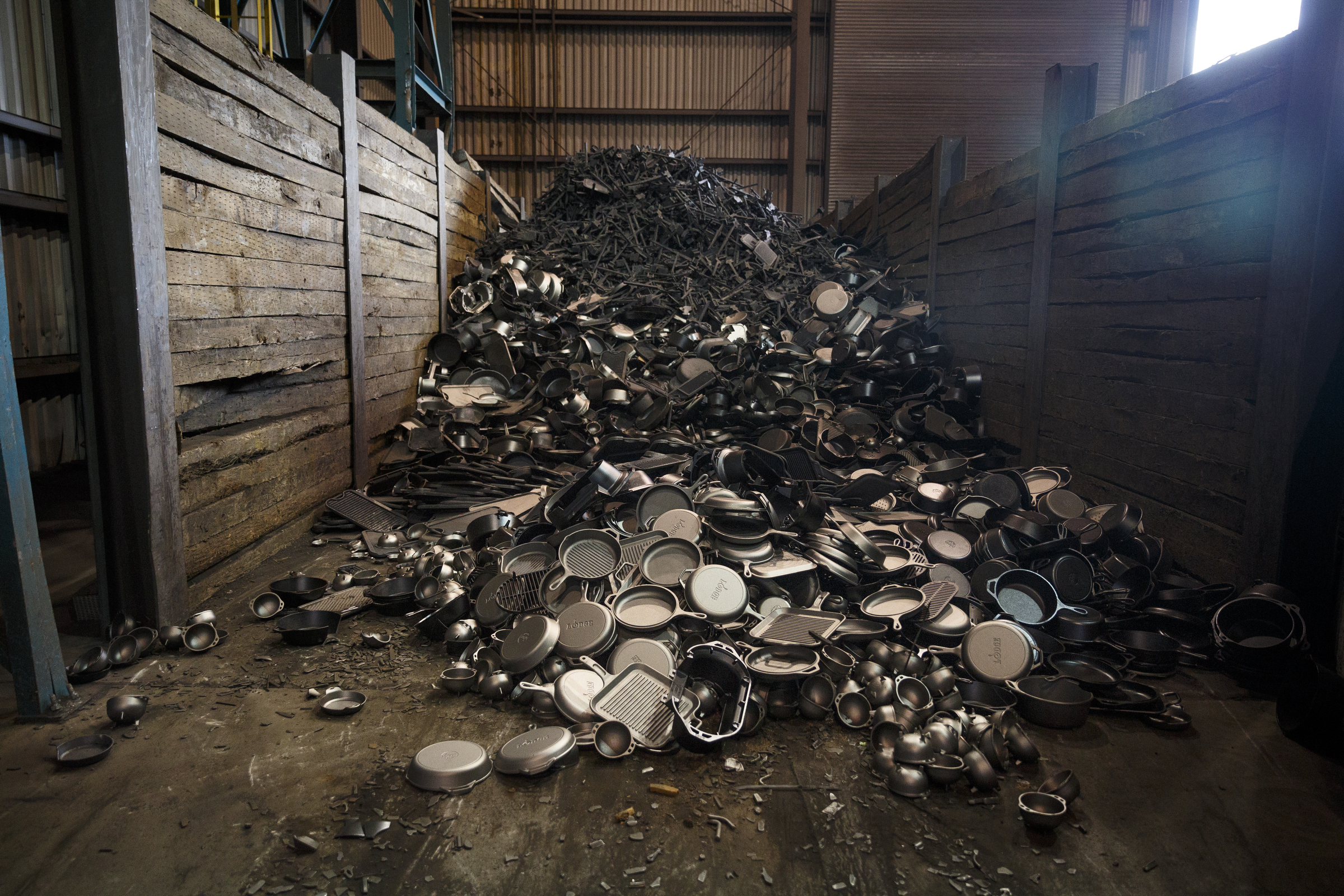 Recycled metal to be used in new cookware is piled at Lodge Manufacturing on Wednesday, June 29, 2016, in South Pittsburg, Tenn. The cast iron cookware manufacturer broke ground Wednesday on a new foundry.