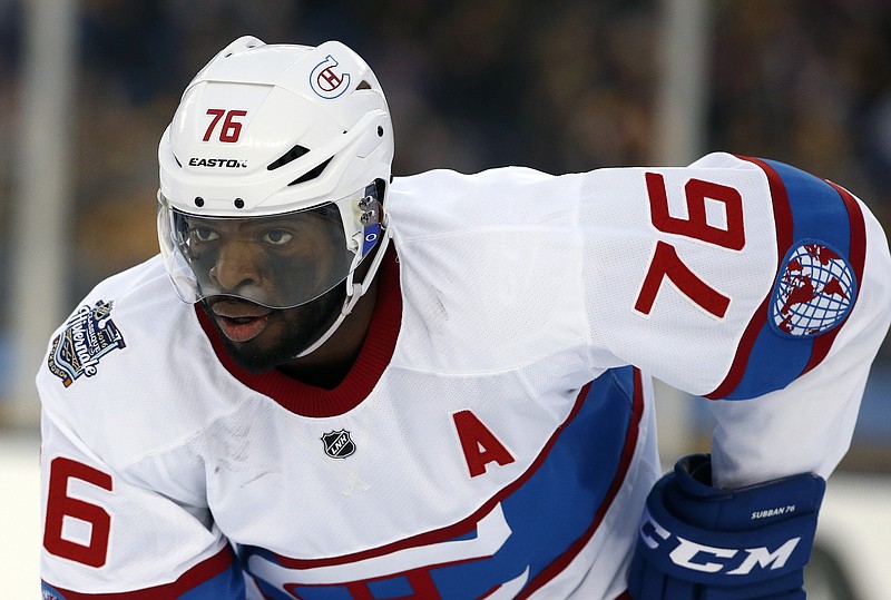  In this Jan. 1, 2016, file photo, Montreal Canadiens' P.K. Subban (76) watches the action during the second period of the NHL Winter Classic hockey game against the Boston Bruins at Gillette Stadium in Foxborough, Mass. The Nashville Predators pulled off a blockbuster before the start of free agency Wednesday, June 29, 2016, by acquiring P.K. Subban from the Montreal Canadiens in exchange for Shea Weber, a swap of All-Star defensemen. (AP Photo/Michael Dwyer, File)