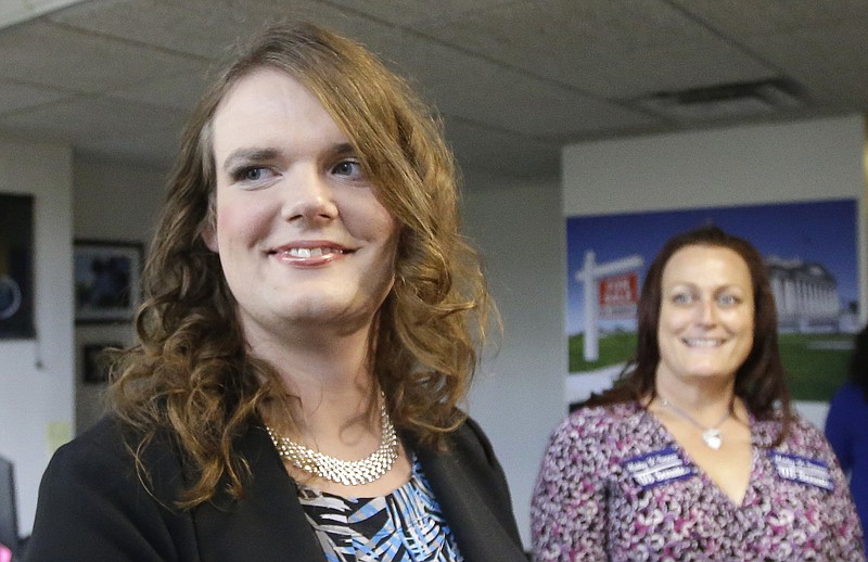 
              In this photo taken Tuesday, June 28, 2016, Democratic candidate for Senate Misty Snow speaks with a reporter in Salt Lake City. Snow is one of two transgender Democrats nominated for Congress in primaries in Western states on Tuesday, June 28, 2016. (AP Photo/Rick Bowmer)
            