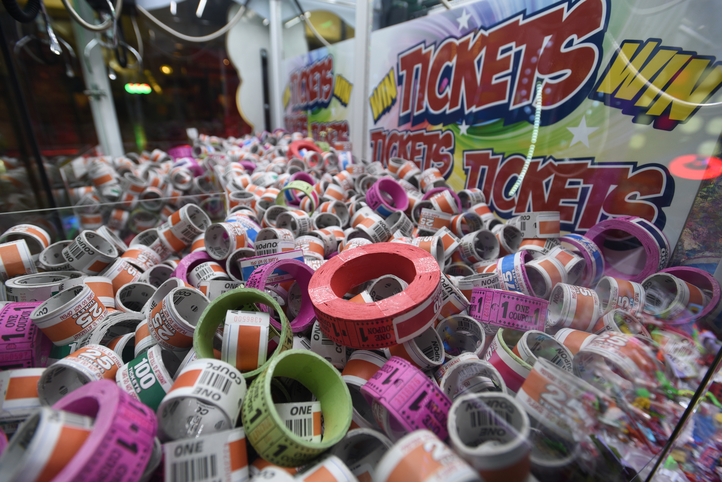 Rolls of tickets are behind glass Tuesday, June 28, 2016 at Pin Strikes Bowling.