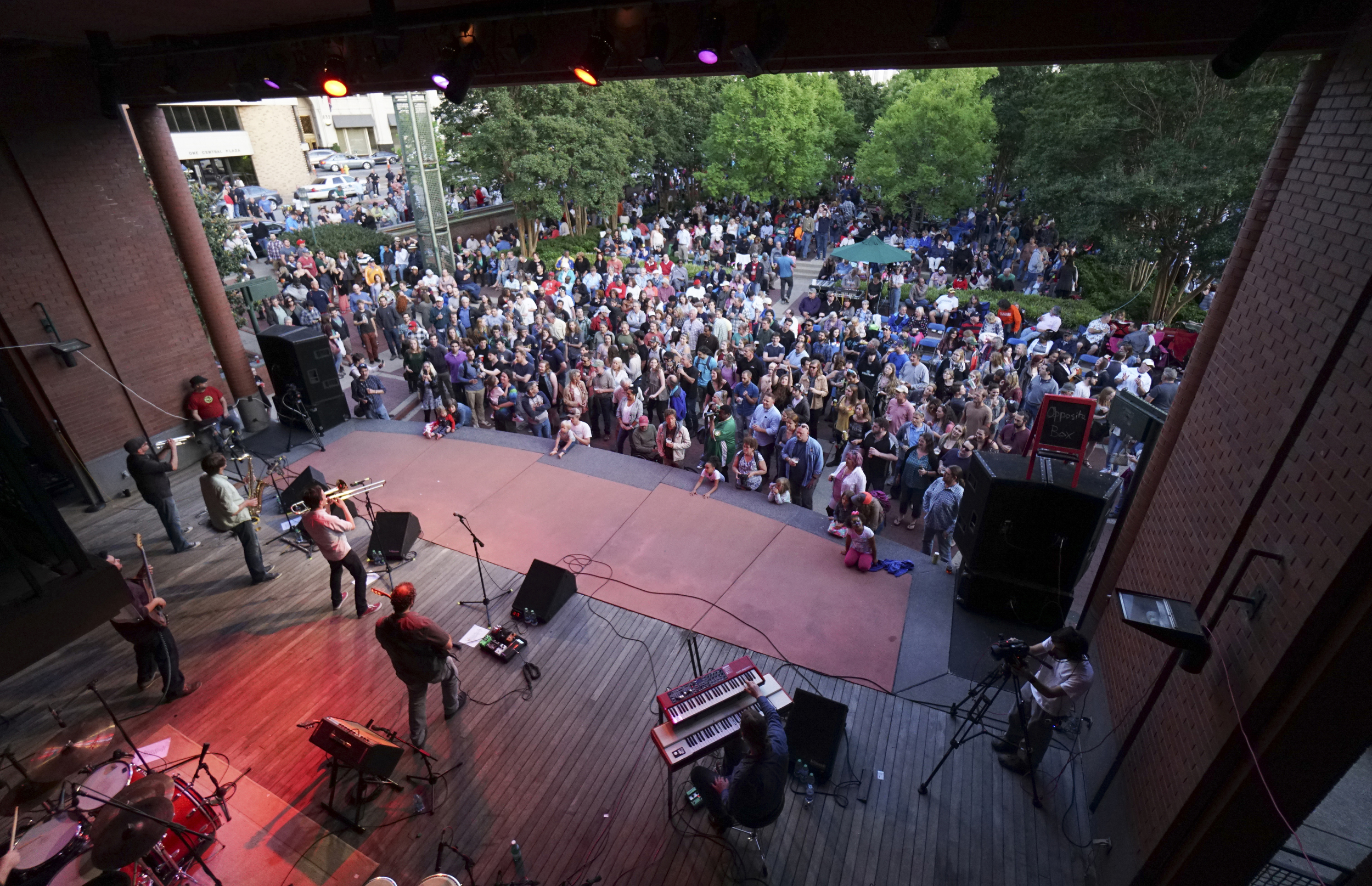 Staff Photo by Dan Henry / The Chattanooga Times Free Press- 5/6/16. Headliner the Polyrhythmics plays to a large crowd during the first Nightfall of 2016 at Miller Plaza on Friday, May 6.