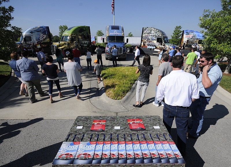U.S. Xpress rolls out six new military themed Freightliner trucks Friday at the company's Jenkins Road headquarters in Chattanooga.
U.S. Xpress aims to hire more military veterans over coming years. 