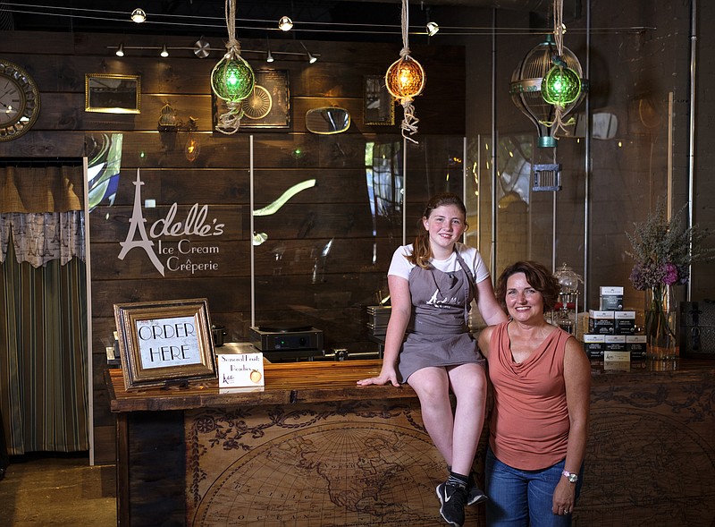 Co-owners Adelle Pritchard, left, and her mother Carla pose for a photo at Adelle's Ice Cream Creperie inside the Granfalloon event space on Friday, July 1, 2016, in Chattanooga, Tenn.
