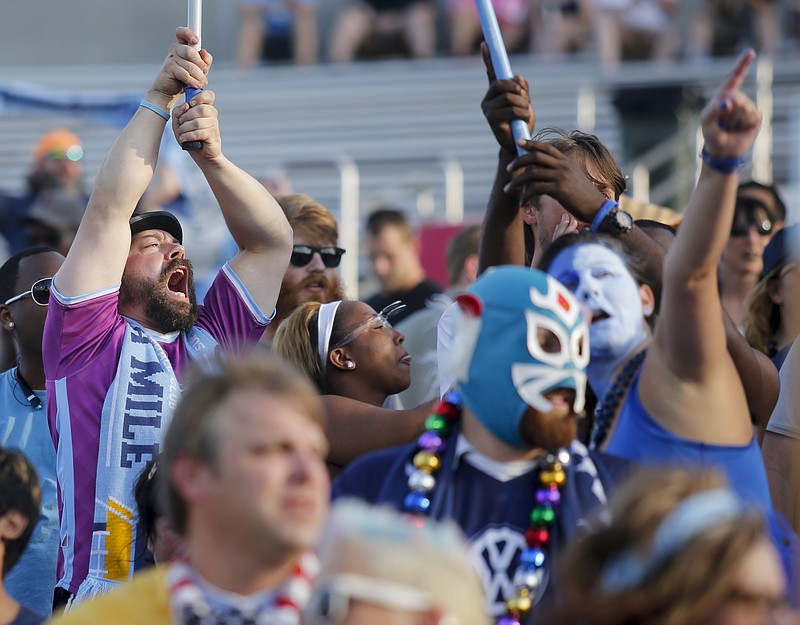 The Chattahooligans cheer during CFC's soccer match against the New Orleans Jesters at Finley Stadium on Saturday, July 2, 2016, in Chattanooga, Tenn.