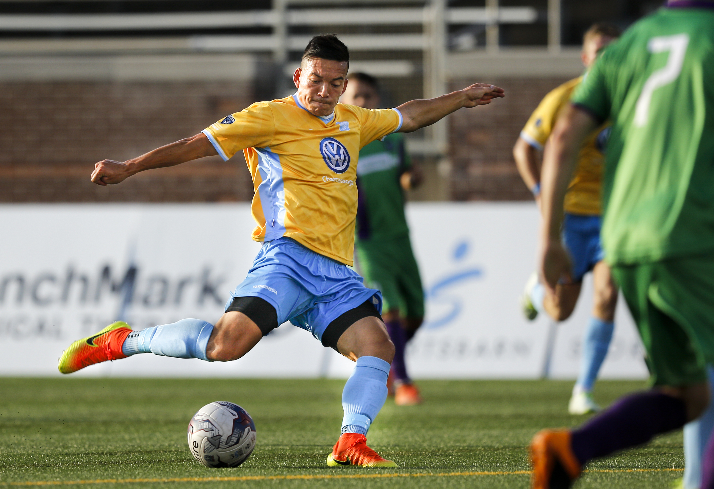 CFC's John Carrier takes a shot on the goal during CFC's soccer match against the New Orleans Jesters at Finley Stadium on Saturday, July 2, 2016, in Chattanooga, Tenn.