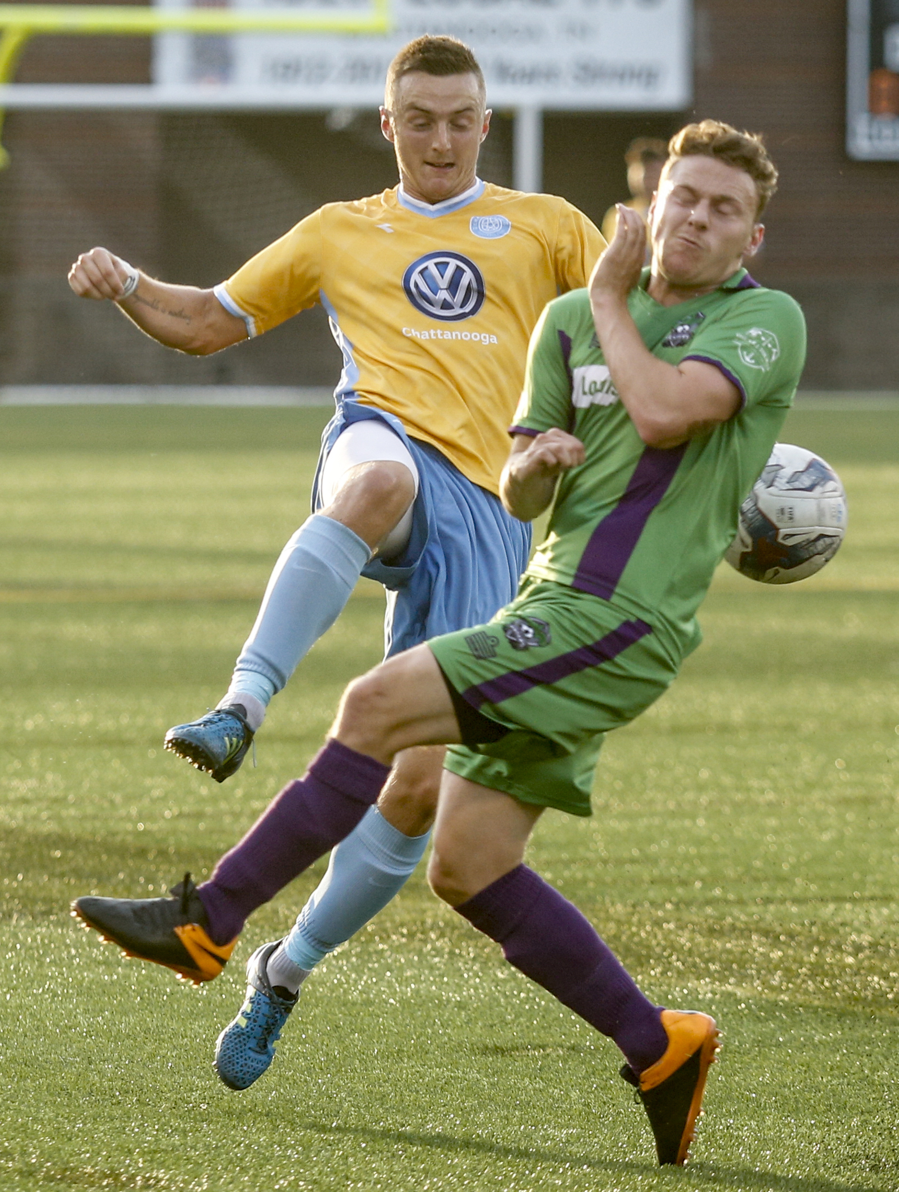 CFC's Jon Finlay, left, collides with New Orleans player Niall Smith during CFC's soccer match against the New Orleans Jesters at Finley Stadium on Saturday, July 2, 2016, in Chattanooga, Tenn.