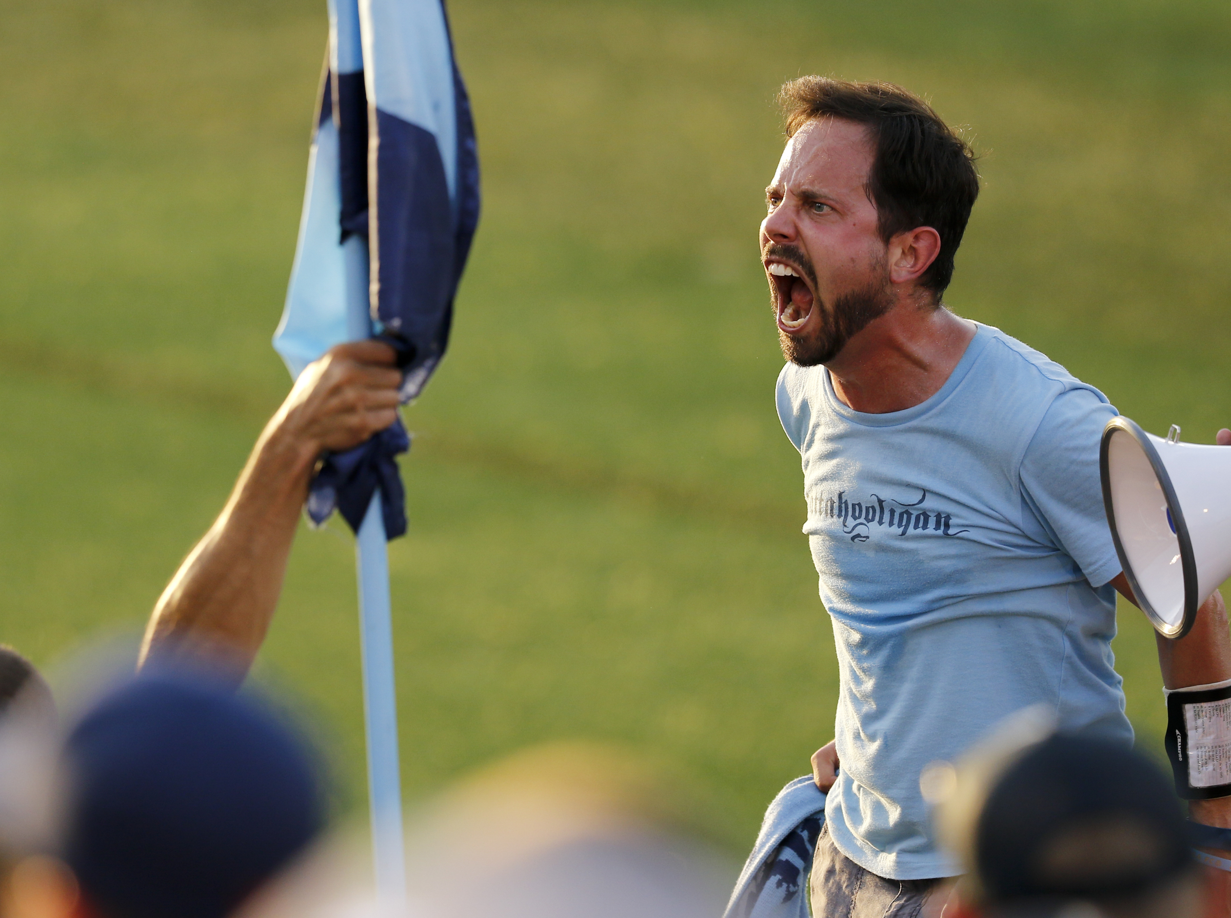 Galen Riley leads the Chattahooligans during CFC's soccer match against the New Orleans Jesters at Finley Stadium on Saturday, July 2, 2016, in Chattanooga, Tenn.