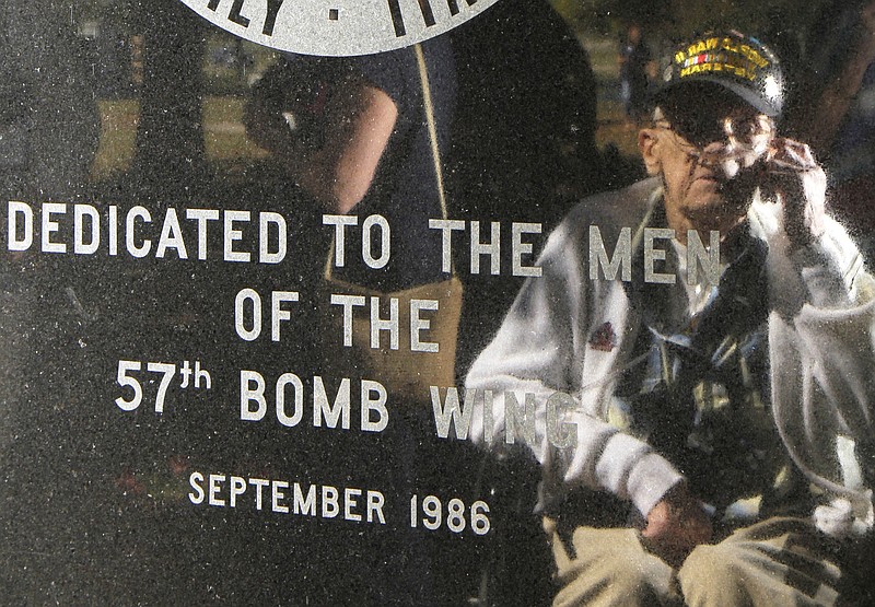 Lenard Wichtowski, a member of the Greatest Generation, is reflected in the memorial to the 57th Bomb Wing during a 2013 reunion outside the U.S. Air Force Museum at Wright Patterson Air Force base in Dayton, Ohio.