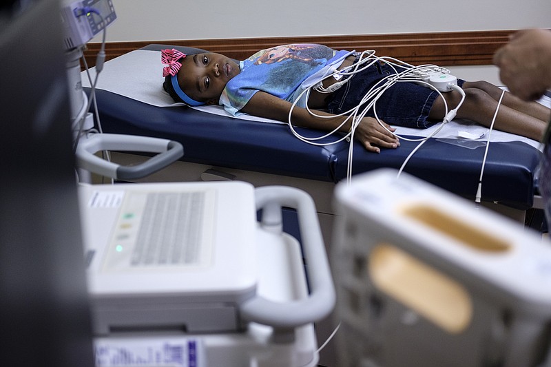 Ahmya Calloway is given an EKG during one of her regular checkups to monitor her new heart at Vanderbilt Children's Hospital on Thursday, June 30, 2016, in Nashville, Tenn. Almost two months after receiving a heart and kidney transplant, Ahmya was told she could transition to once-weekly checkups and return home to Chattanooga.