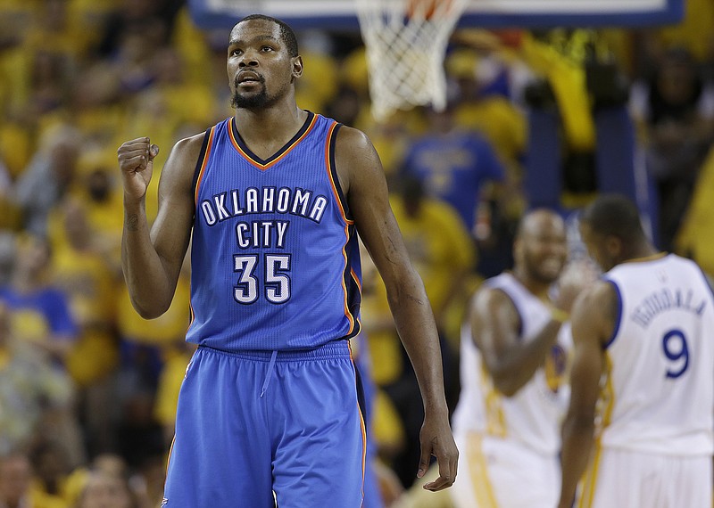 In a Monday, May 30, 2016, file photo, Oklahoma City Thunder forward Kevin Durant (35) reacts during the second half of Game 7 of the NBA basketball Western Conference finals against the Golden State Warriors in Oakland, Calif.