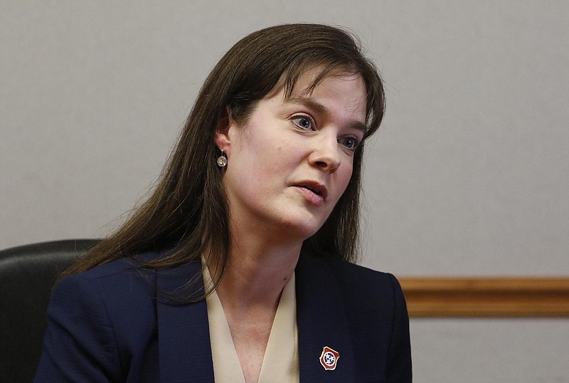 Staff Photo by Dan Henry / The Chattanooga Times Free Press- 11/4/15. Education Commissioner Candice McQueen speaks to media representatives while at the Chattanooga Times Free Press on Wednesday, November 4, 2015.