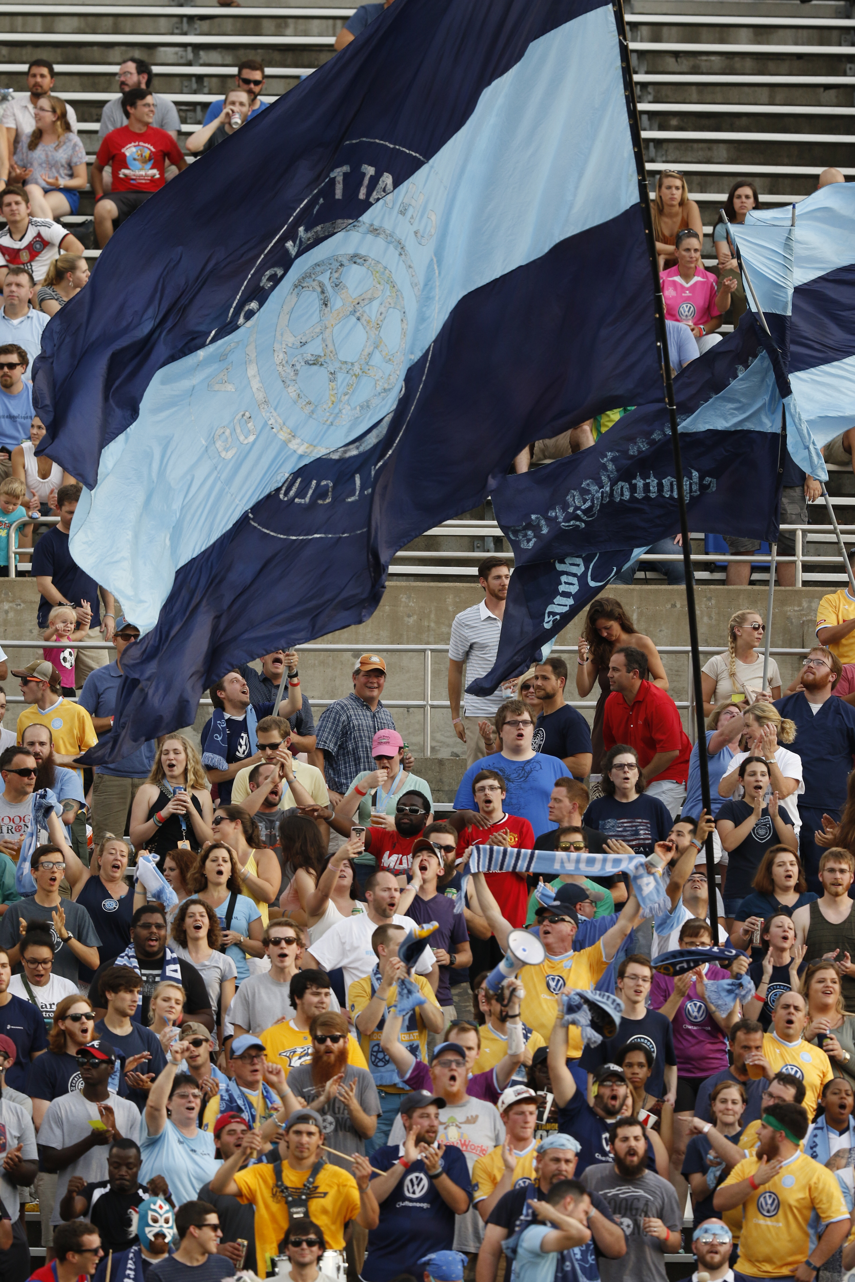 Staff Photo by Dan Henry / The Chattanooga Times Free Press- 7/8/16. Chattanooga Football Club fans go wild as their team scores the first goal of the game against Knoxville during the first half of play at Finley Stadium on Friday, July 8, 2016.