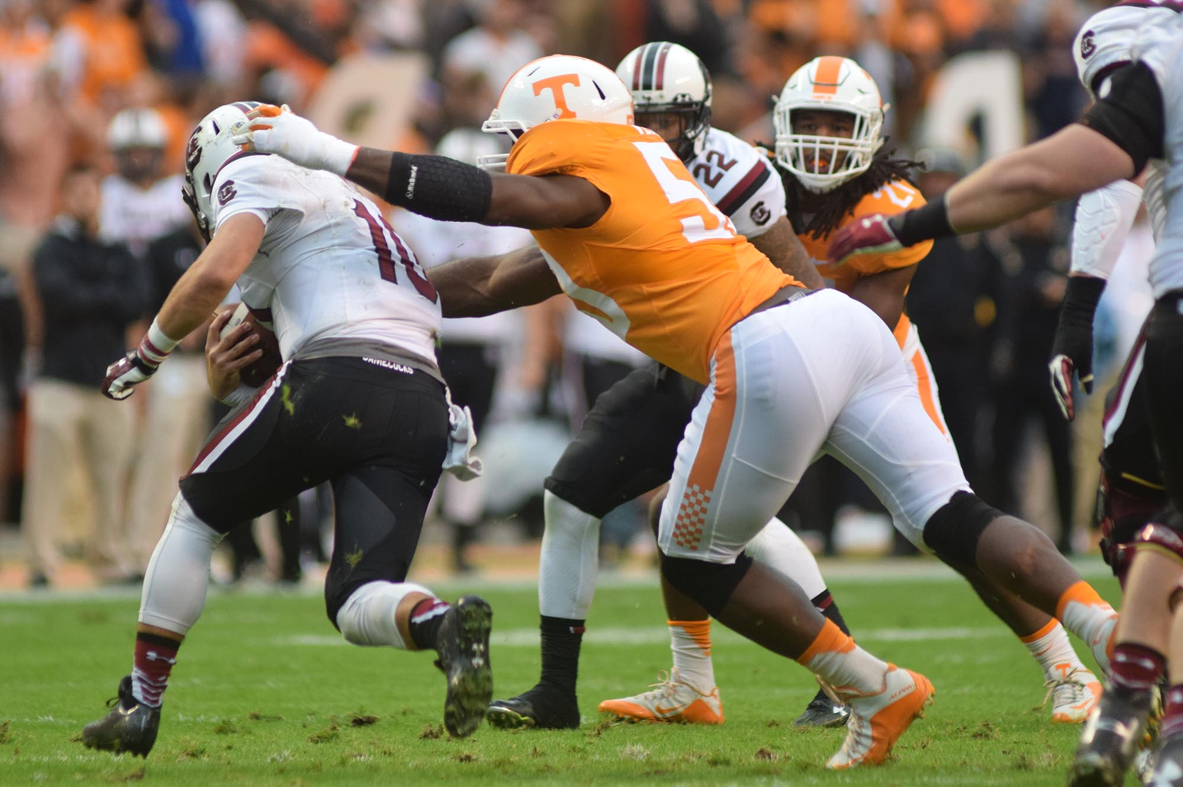 South Carolina quarterback Perry Orth (10) is sacked by Tennessee's Corey Vereen (50).  The South Carolina Gamecocks visited the Tennessee Volunteers in SEC football action November 7, 2015.