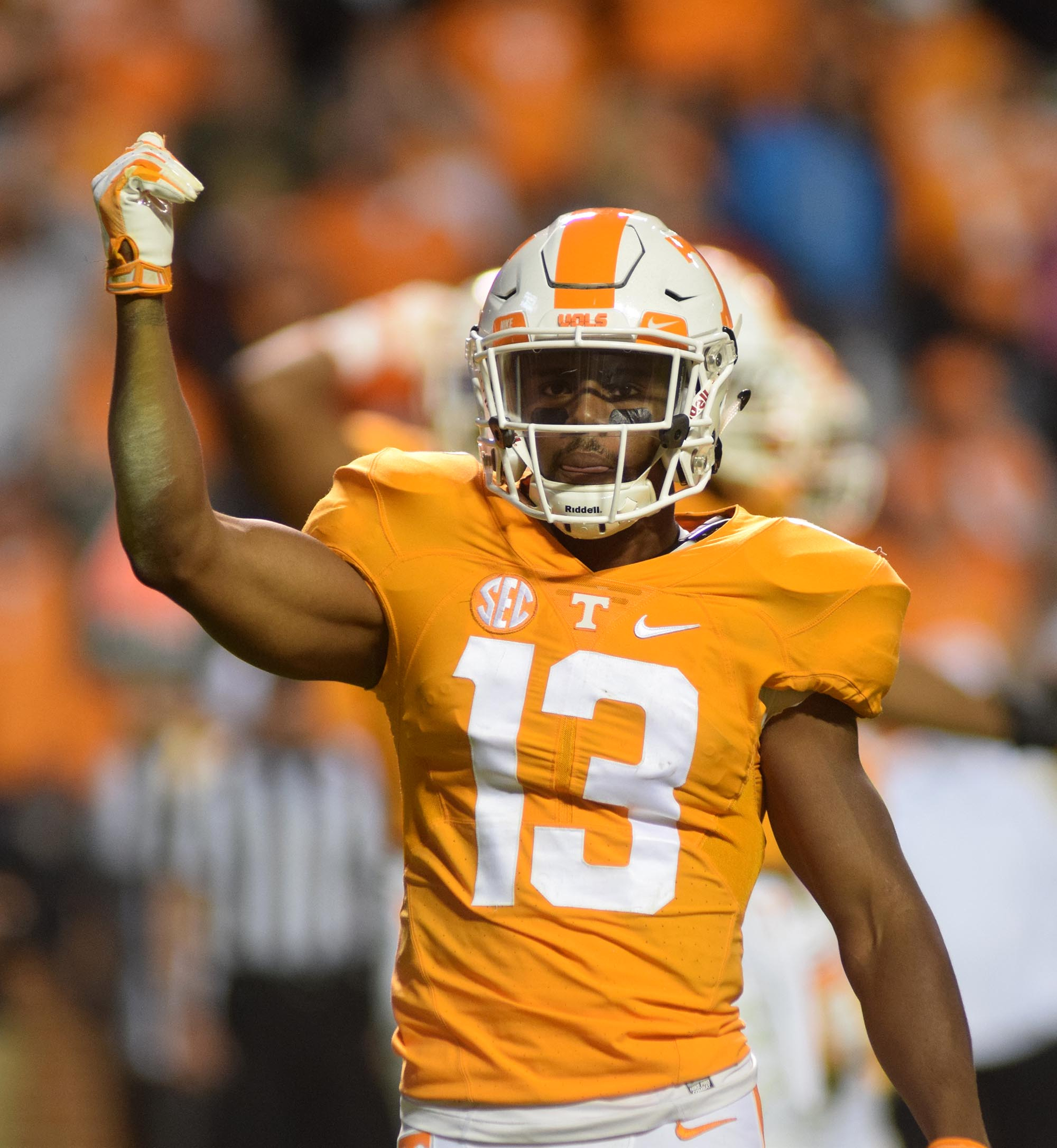 Tennessee's Malik Foreman (13) tries to get the crowd cheering.  The South Carolina Gamecocks visited the Tennessee Volunteers in SEC football action November 7, 2015.