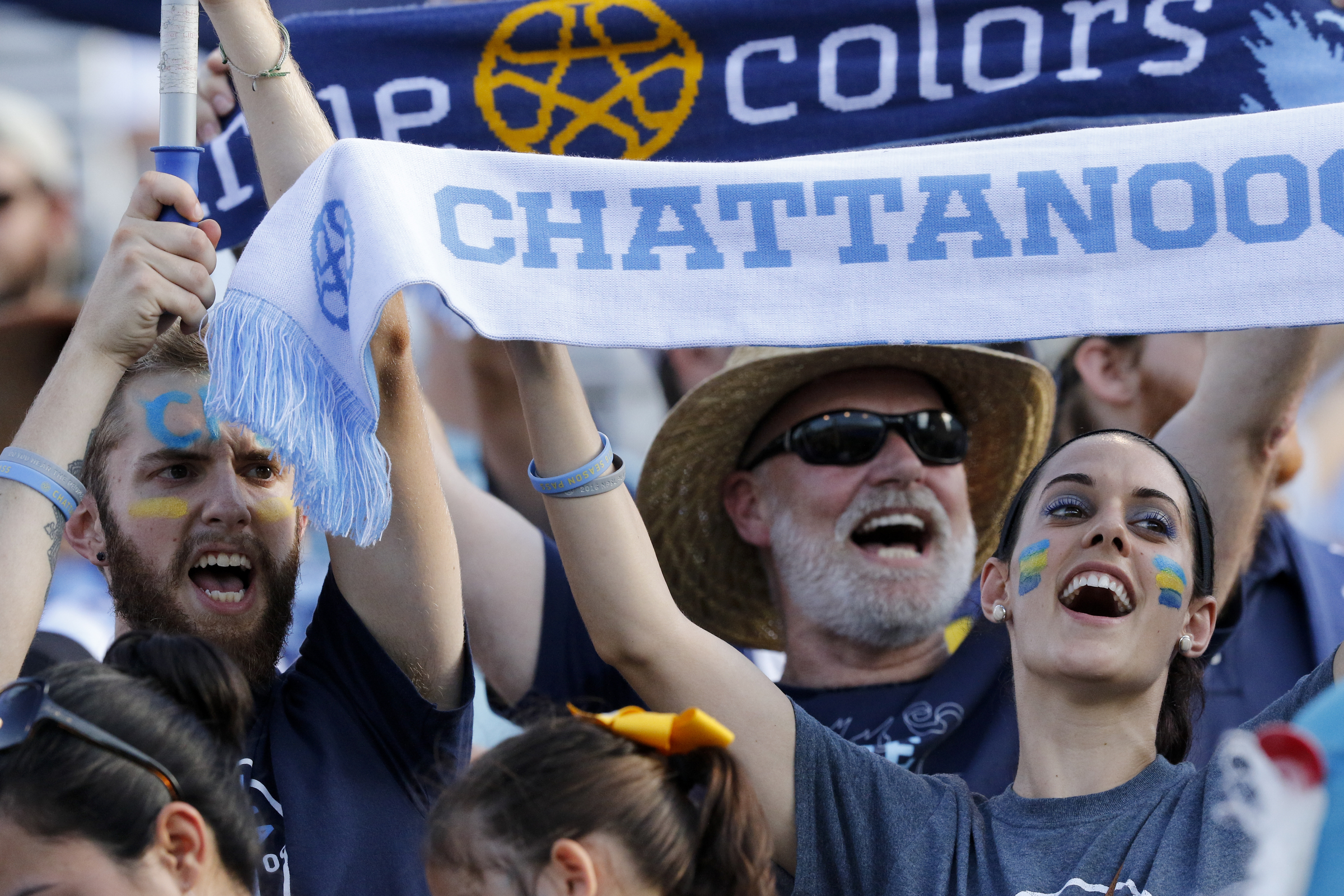 Chattahooligans cheer during Chattanooga FC's playoff match against Memphis City at Finley Stadium on Saturday, July 9, 2016, in Chattanooga, Tenn.