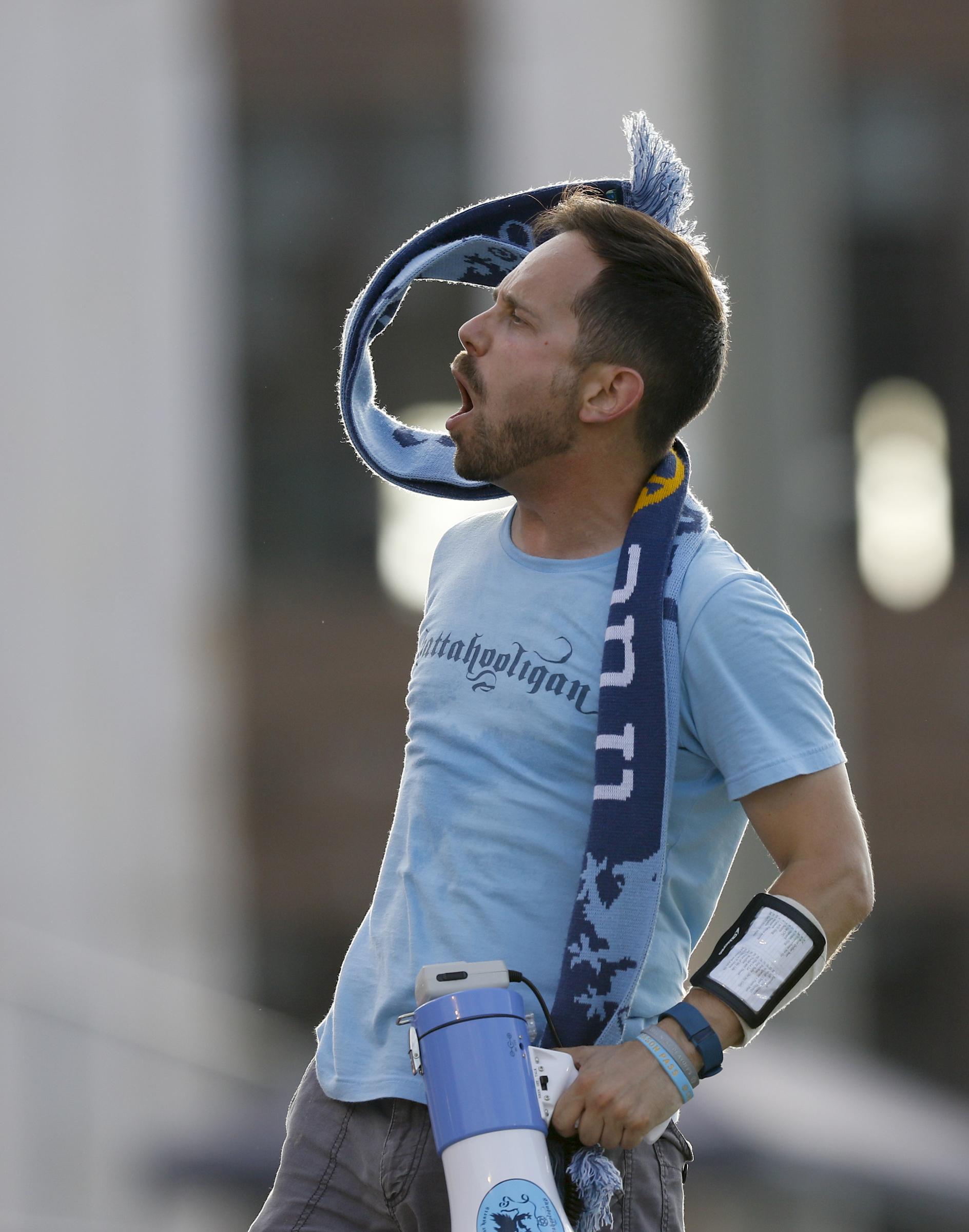 Galen Riley leads the Chattaholigans during Chattanooga FC's playoff match against Memphis City at Finley Stadium on Saturday, July 9, 2016, in Chattanooga, Tenn.