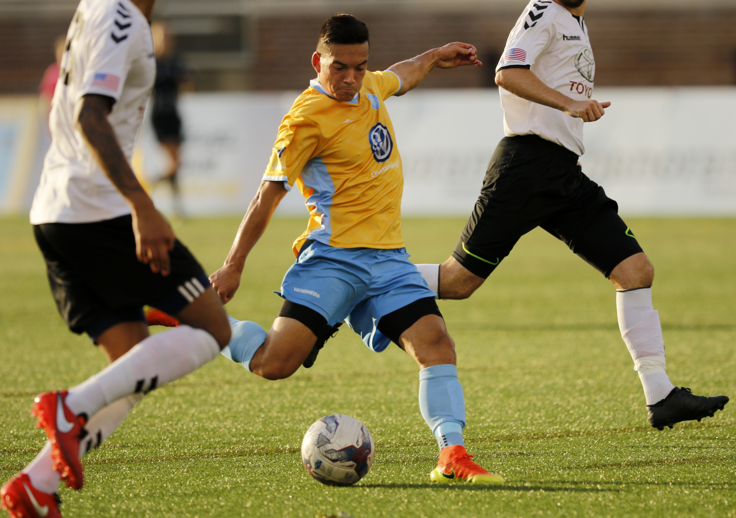 CFC's John Carrier takes a shot on the goal during Chattanooga FC's playoff match against Memphis City at Finley Stadium on Saturday, July 9, 2016, in Chattanooga, Tenn.