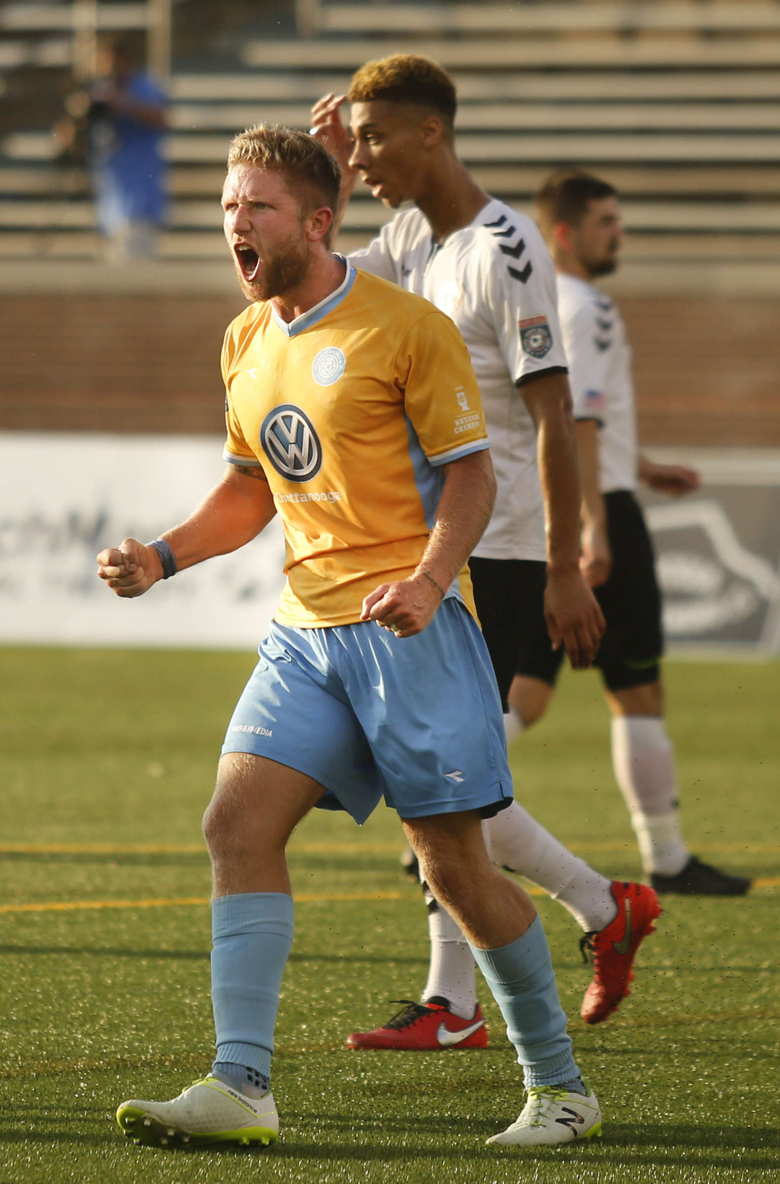 CFC's Luke Winter celebrates after scoring the initial goal during Chattanooga FC's playoff match against Memphis City at Finley Stadium on Saturday, July 9, 2016, in Chattanooga, Tenn.