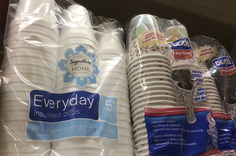 
              This July 6, 2016 photos shows foam cups, left, displayed on a shelf at a market in San Francisco. Consumers won't be able to buy polystyrene kiddie floats, egg cartons, or coolers in San Francisco after supervisors approved what environmentalists are calling the most comprehensive ban in the country on the cheap insulating foam.   (AP Photo/Jeff Chiu)
            