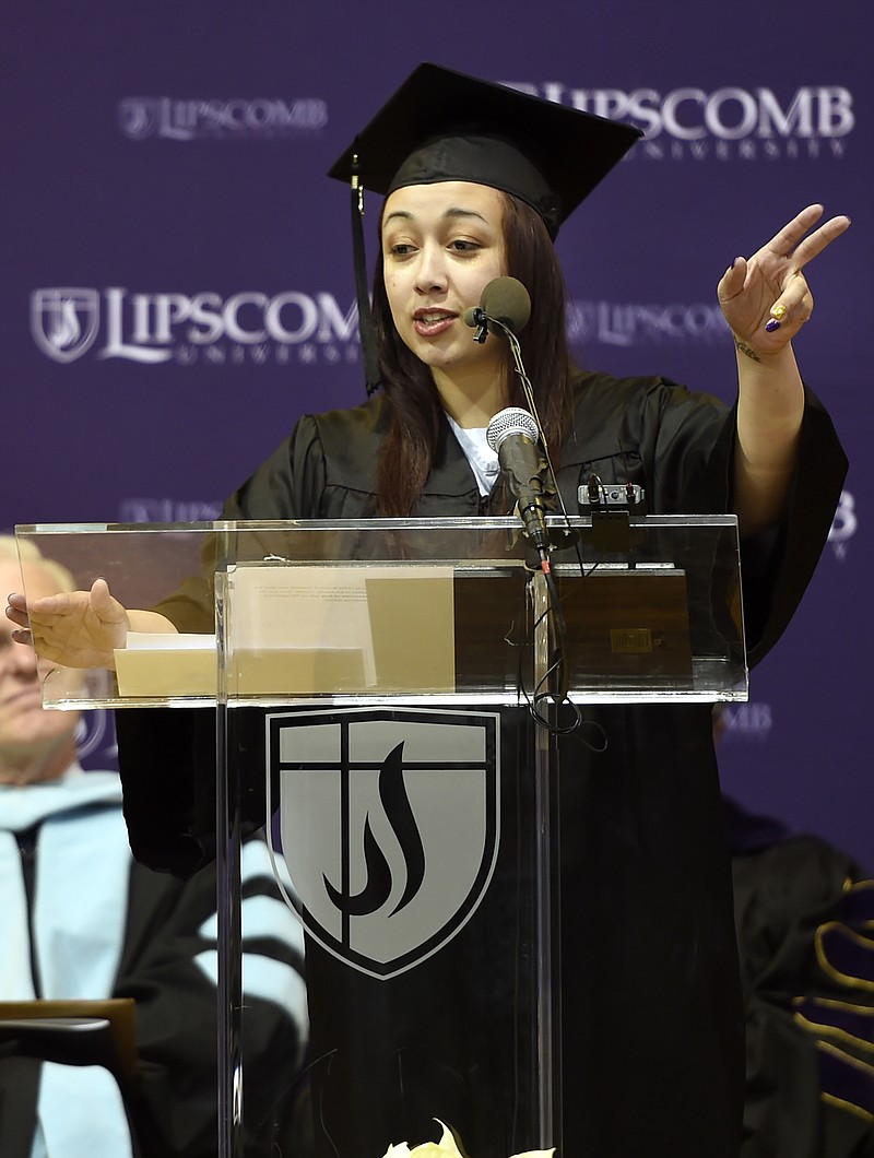 In this Dec. 18, 2015 photo, inmate Cyntoia Brown of the Tennessee Prison for Women delivers a commencement address before receiving her associate degree from Lipscomb University. When Brown was 16 she received a life sentence for the murder of Johnny Mitchell Allen. Brown's life sentence, and the practice of sentencing young people to a lifetime behind bars for even the most heinous of crimes, has drawn increased scrutiny in Tennessee and nationwide.