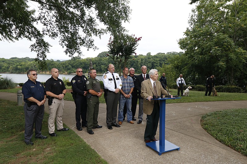 Staff Photo by Dan Henry / The Chattanooga Times Free Press- 7/11/16. Tom Edd Wilson, president of the AEGIS Law Enforcement Foundation, speaks during a press conference at the Tennessee Riverpark announcing that twelve new bullet proof vests have been purchased by the Miller Family Foundation for local area K9 law enforcement officers. 