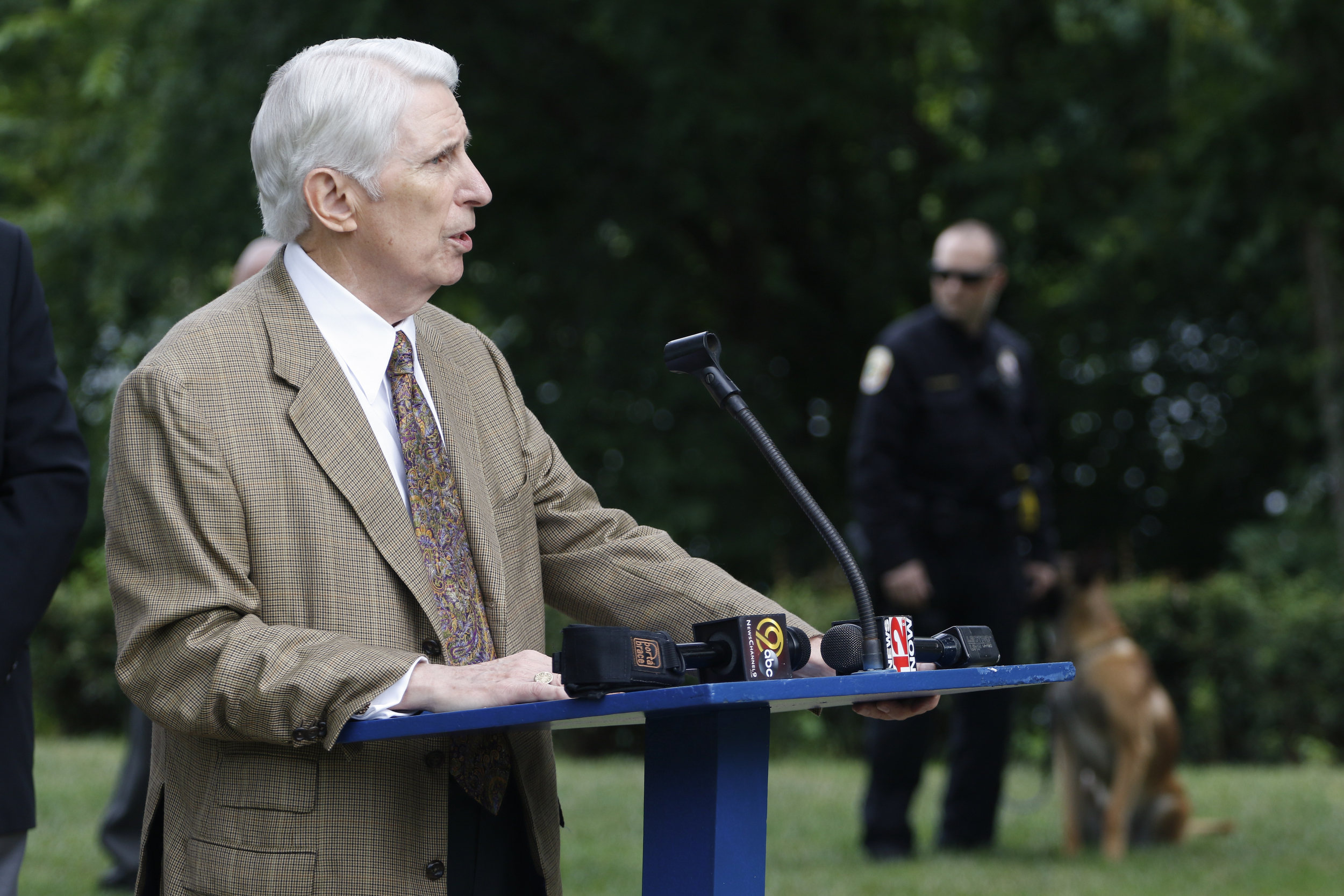 Staff Photo by Dan Henry / The Chattanooga Times Free Press- 7/11/16. Tom Edd Wilson, president of the AEGIS Law Enforcement Foundation, speaks during a press conference at the Tennessee Riverpark announcing that twelve new bullet proof vests have been purchased by the Miller Family Foundation for local area K9 law enforcement officers.