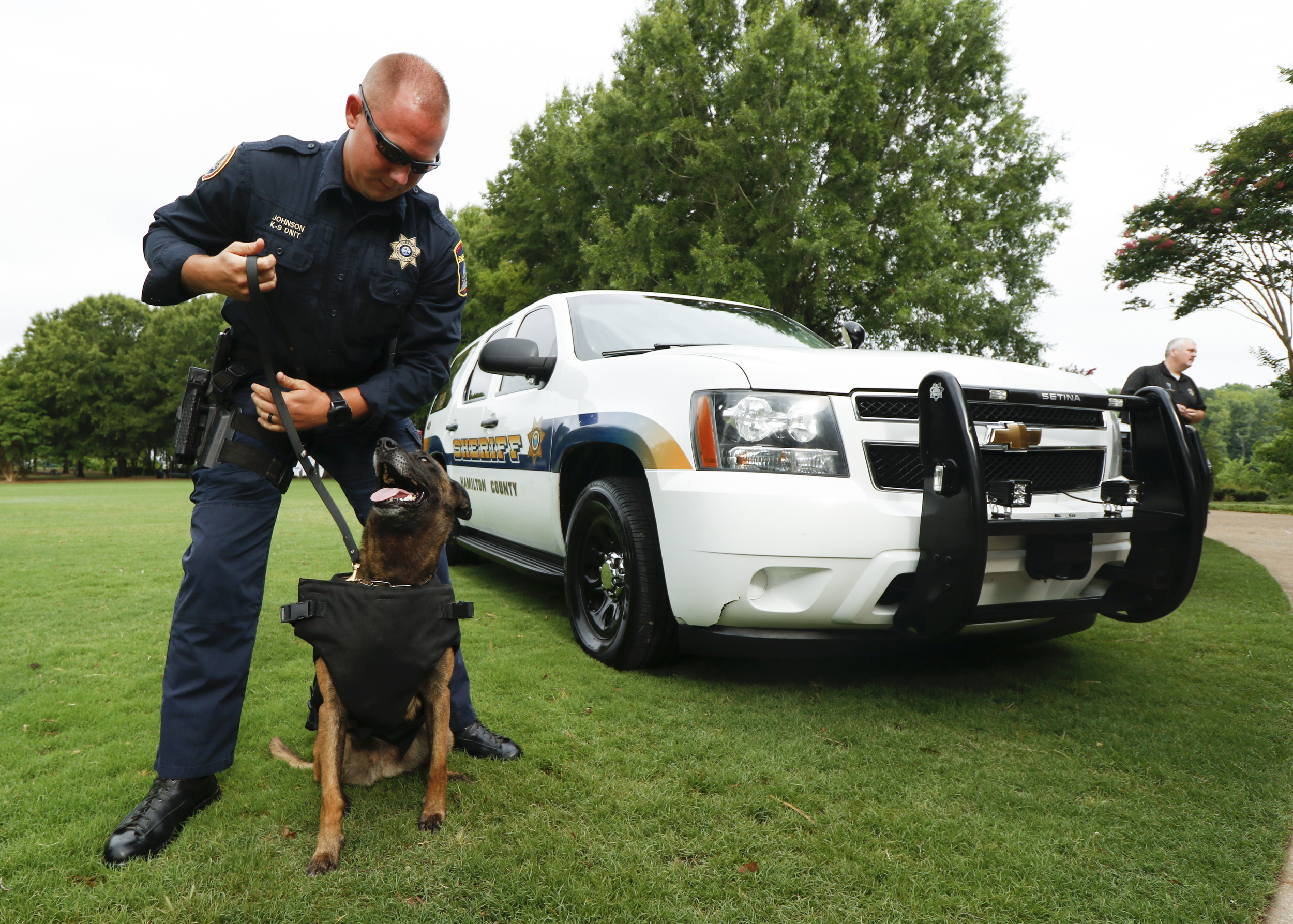 Staff Photo by Dan Henry / The Chattanooga Times Free Press- 7/11/16. Hamilton County Sheriff Department K9 Handler William Johnson demonstrates how a bullet proof vest is worn by his K9 "Maly" after a press conference at the Tennessee Riverpark announcing that twelve new bullet proof vests have been purchased by the Miller Family Foundation for local area K9 law enforcement officers.