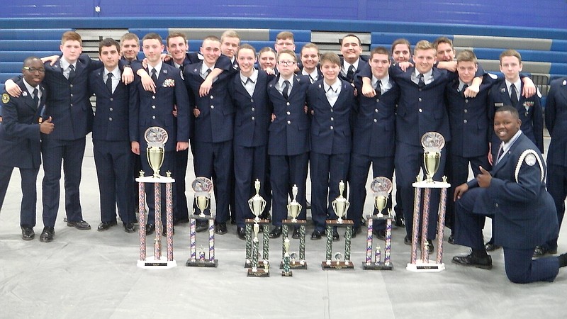 Hixson High JROTC Cadets pose with trophies they won during a Hamilton County JROTC competition. JROTC events span both athletic and academic contests. Hixson High won the Drill Competition. It was the first time in the program's history that they'd won.