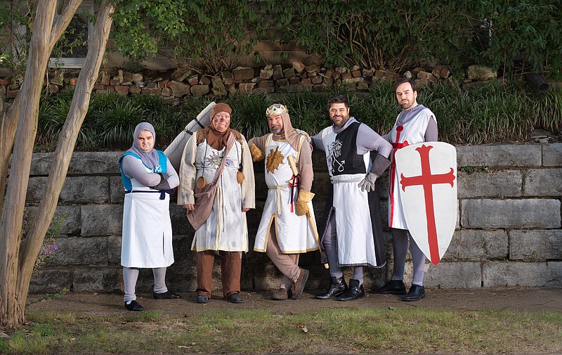 King Arthur and his Knights of the Round Table are played by Will Park (Sir Bedevere), Randy Forester (Patsy), Rob Inman (King Arthur), Bryan Kelly (Sir Lancelot) and Jonathan Wilson (Sir Galahad), from left, in the production of "Spamalot" at Chattanooga Theatre Centre.