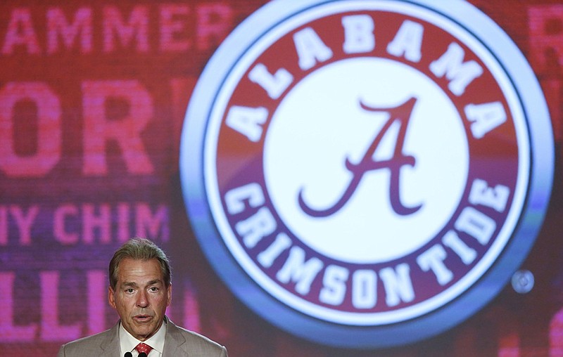 Alabama football coach Nick Saban speaks at SEC media days Wednesday in Hoover, Ala.