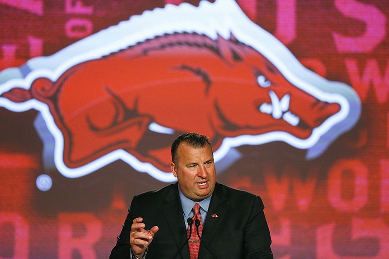 Arkansas football coach Bret Bielema speaks Wednesday at SEC media days in Hoover, Ala. Bielema, who is 18-20 in his first three seasons leading the Razorbacks, said the program is getting close to where he wants it to be.