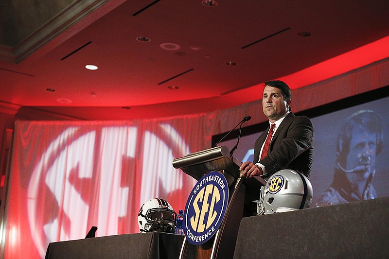 South Carolina football coach Will Muschamp speaks Thursday on the final day of SEC media days in Hoover, Ala. Muschamp was the defensive coordinator at Auburn last season after spending the previous four years as head coach at Florida.