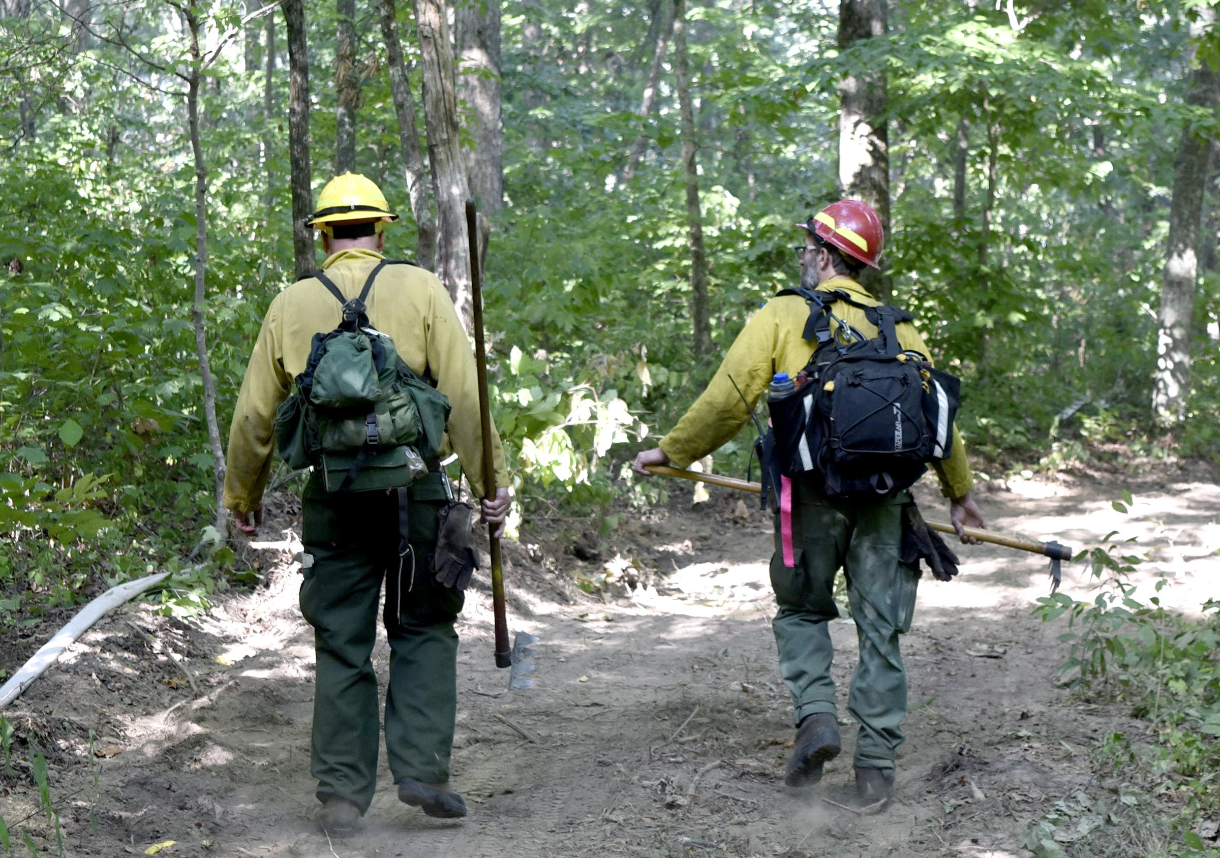 Two United States Forest Service head into the woods to help contain a wildfire.  Multiple agencies united to fight a wildfire on the west slope of Lookout Mountain below Covenant College Thursday July 14, 2016.