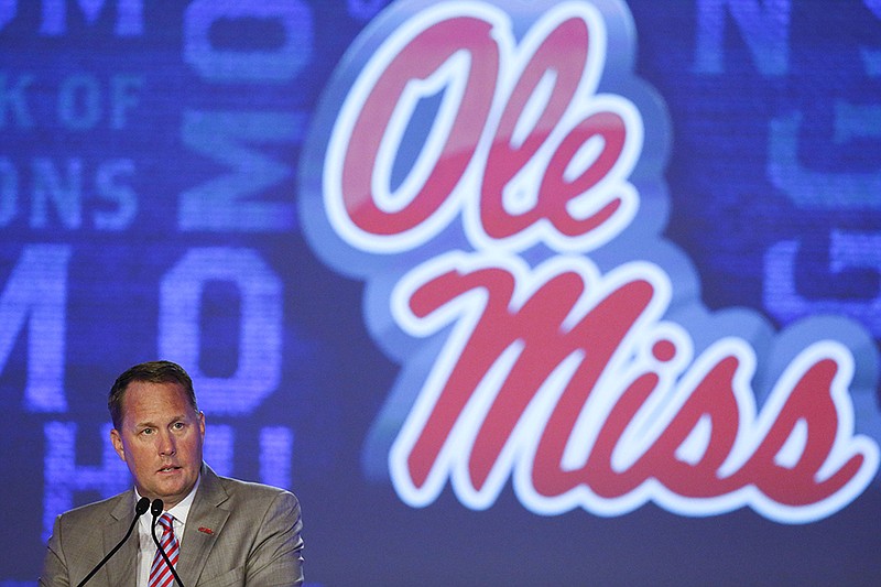 Mississippi head coach Hugh Freeze speaks to the media at the Southeastern Conference NCAA college football media days, Thursday, July 14, 2016, in Hoover, Ala. (AP Photo/Brynn Anderson)