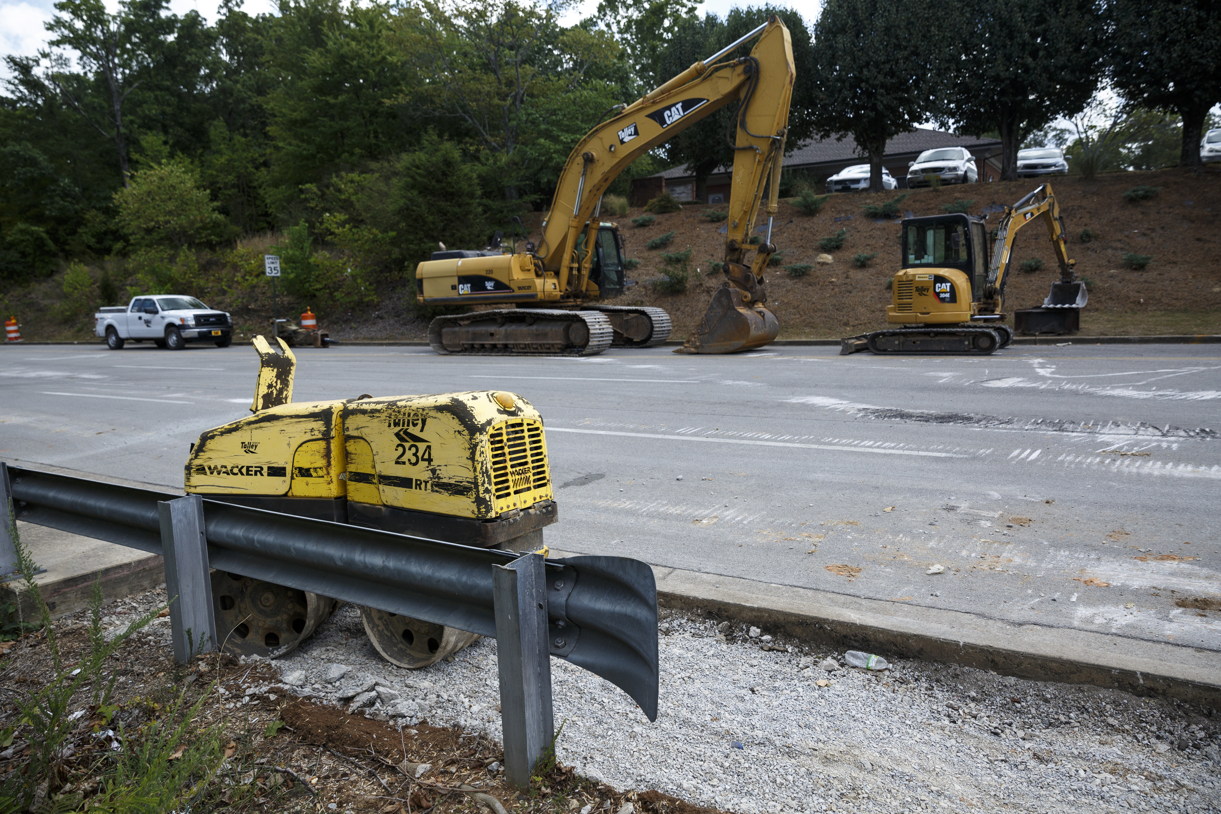 Heavy equipment is seen on Gunbarrel Road between Shallowford Road and Preston Circle on Friday, July 15, 2016, in Chattanooga, Tenn. The section of road is closed to traffic for a widening project.