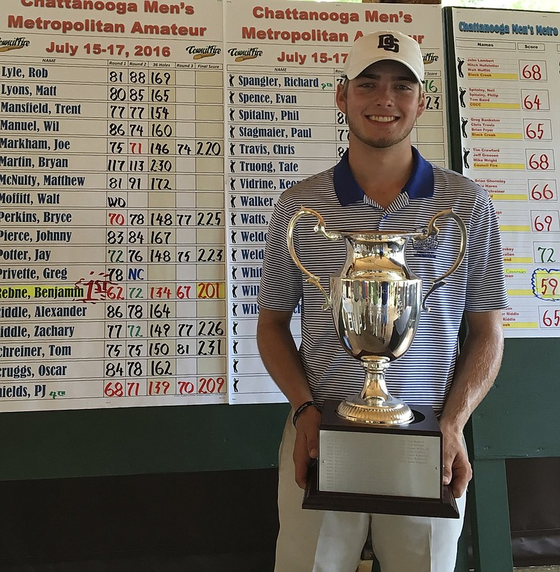 Ben Rebne, a graduate of Heritage High School in Ringgold, Ga., who is headed to Dalton State College this school year, won the Chattanooga Men's Metro Amateur tournament Sunday at Council Fire Golf Glub.