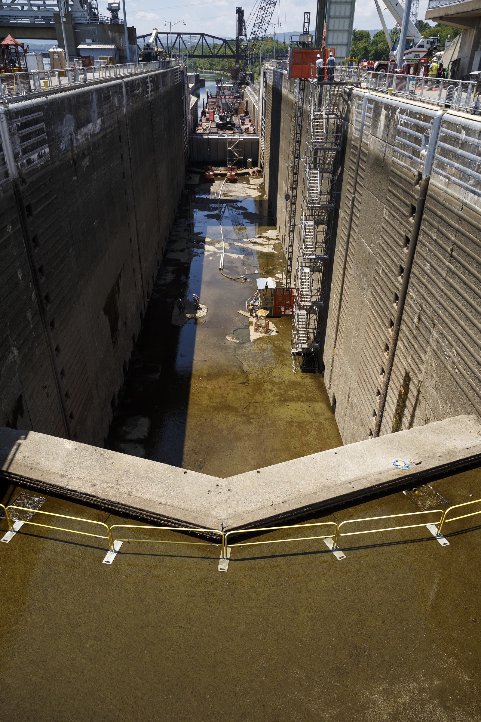 The dewatered Chickamauga Lock is seen at the Chickamauga Dam on Wednesday, July 20, 2016, in Chattanooga, Tenn. The lock is being dewatered for routine maintenance checks.