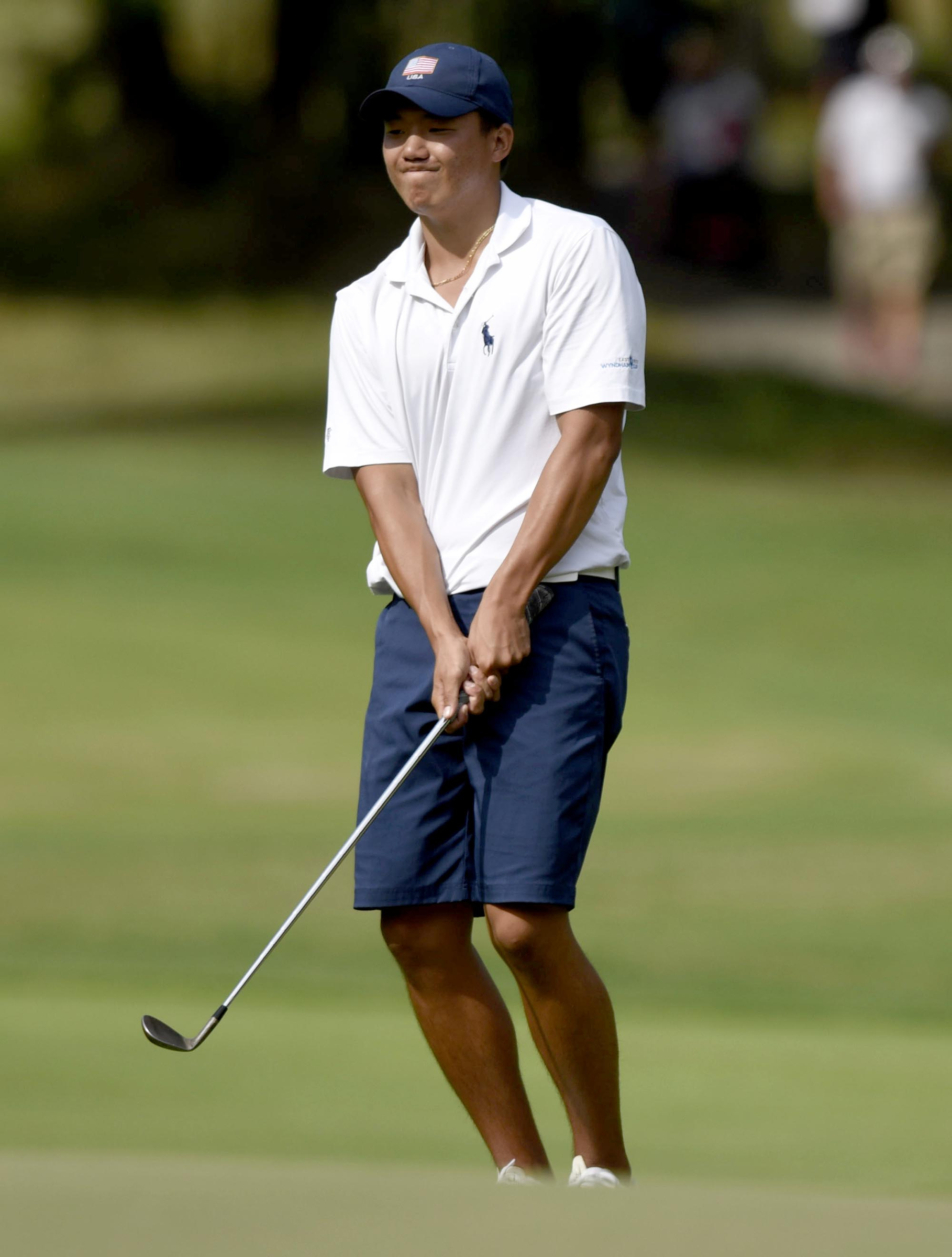 Norman Xiong of Canyon Lake, California reacts to his chip barely missing the hole on the 5th green. Xiong went on to defeat James Song of Canada 5 and 4. The third day of the 69th U.S. Junior Amateur Championship was held at the Honors Course in Ooltewah, Tennessee, Wednesday July 20, 2016.