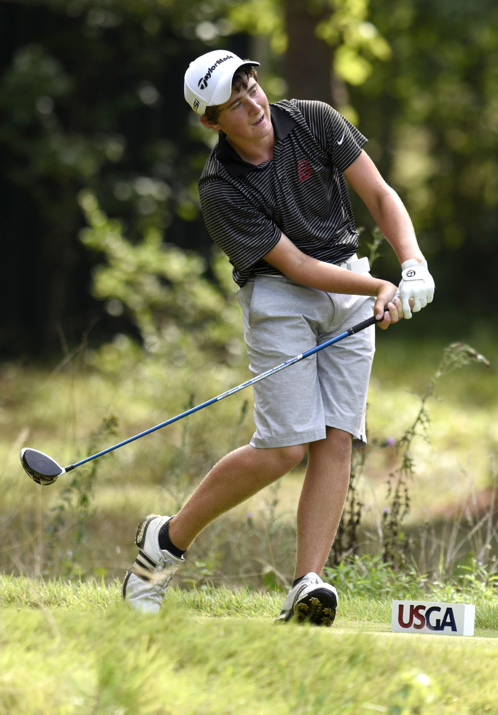 Sam Jean of Greenwood, Indiana uses some body language to choax his drive down the 6th fairway. The third day of the 69th U.S. Junior Amateur Championship was held at the Honors Course in Ooltewah, Tennessee, Wednesday July 20, 2016.